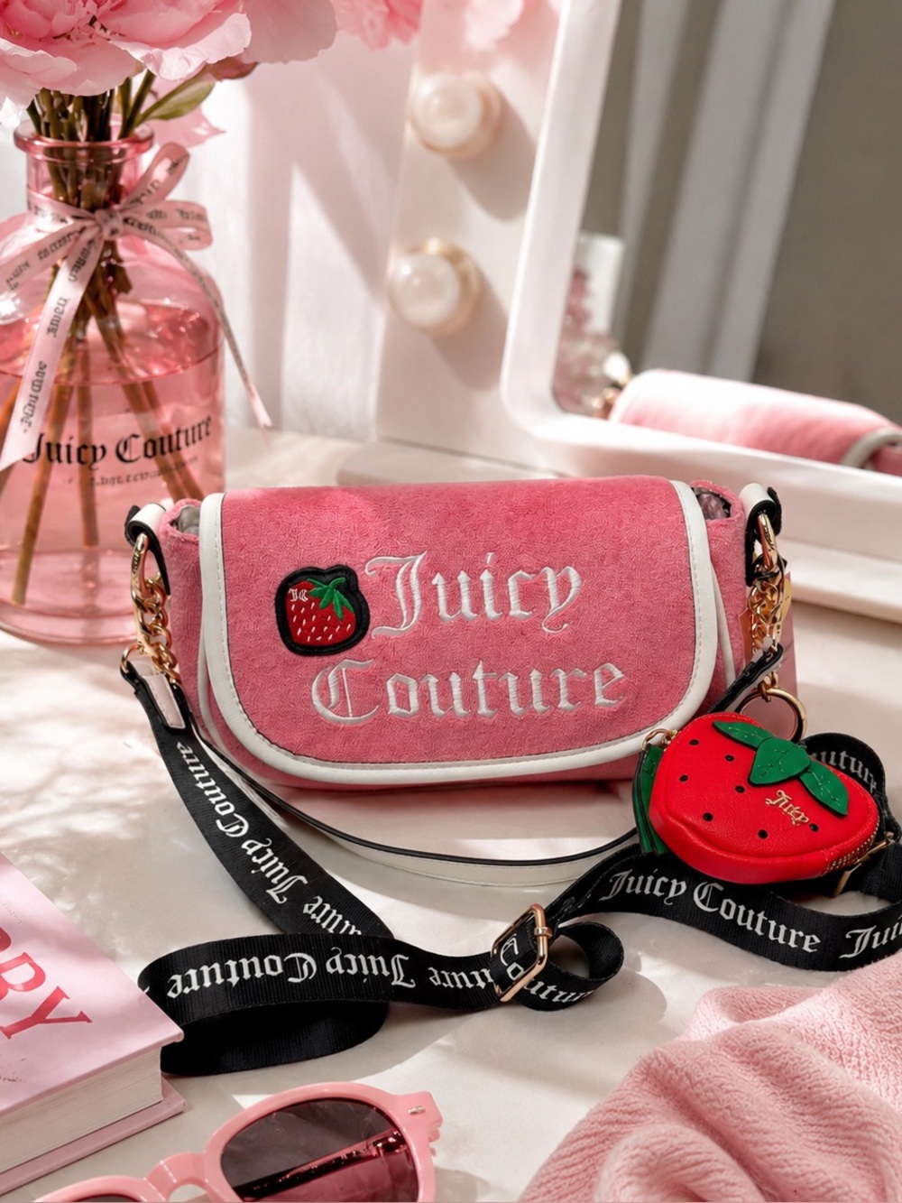 NWT Juicy Couture Pink Velour Strawberry Crossbody Bag Y2K Coquette